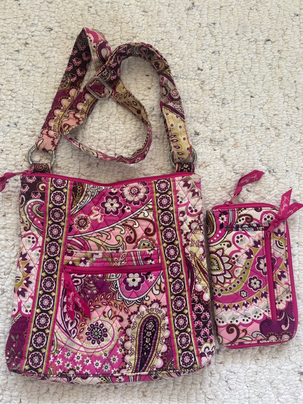 Vera Bradley Pink Paisley Quilted Crossbody with Matching Wristlet